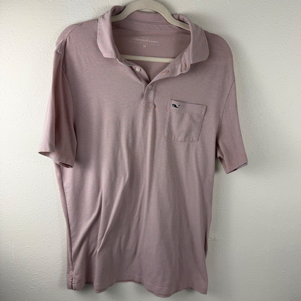 Vineyard Vines Striped‎ Polo Shirt Men's Medium Pink Blue Whale Logo Pocket